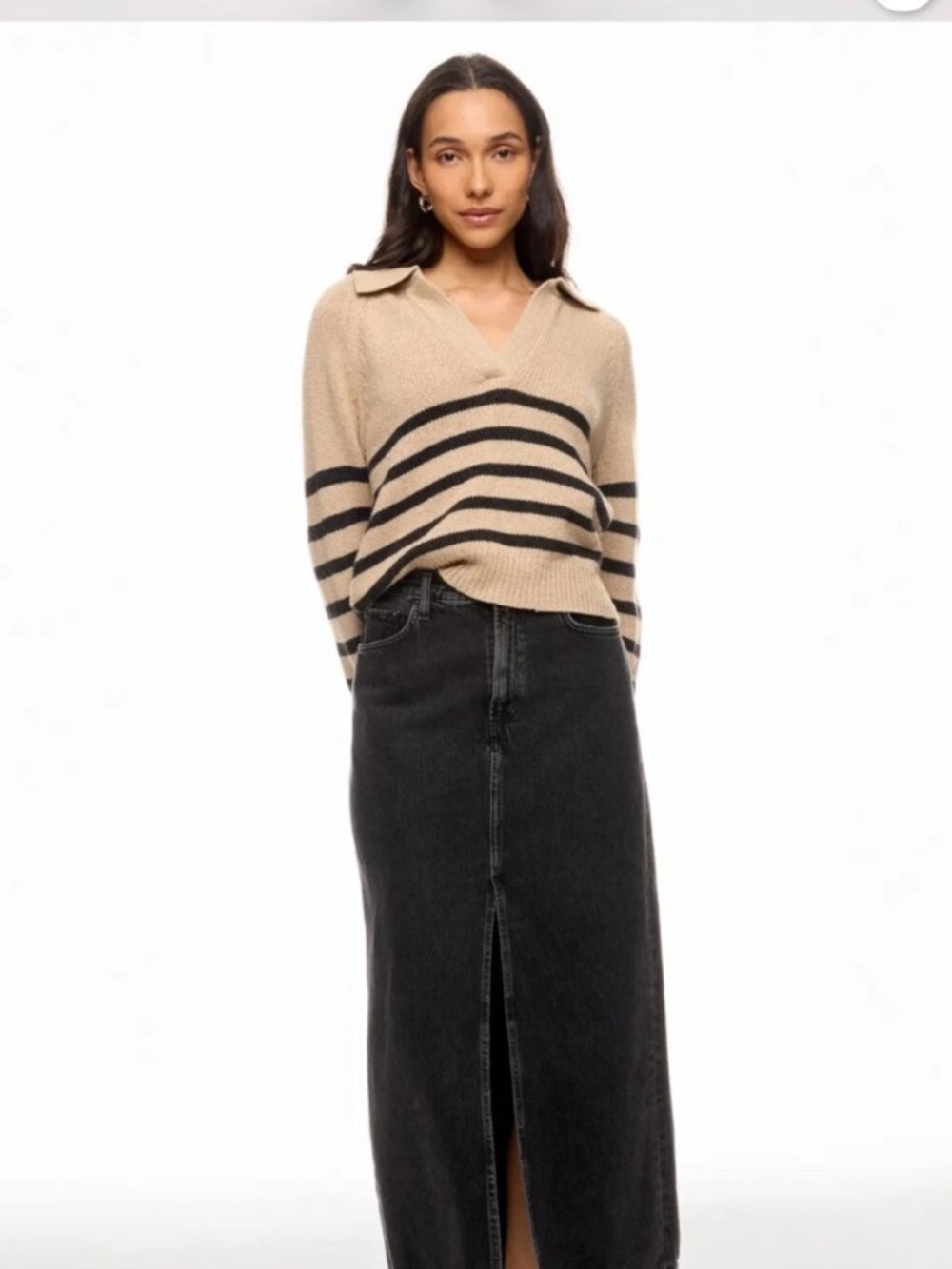 Marine Layer Relaxed Striped Berkeley Sweater Polo Size Small Beige Charcoal S